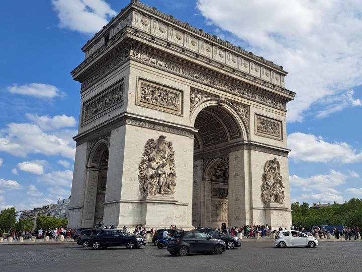 cycling around the Arc de Triomphe on the London to Paris bike ride