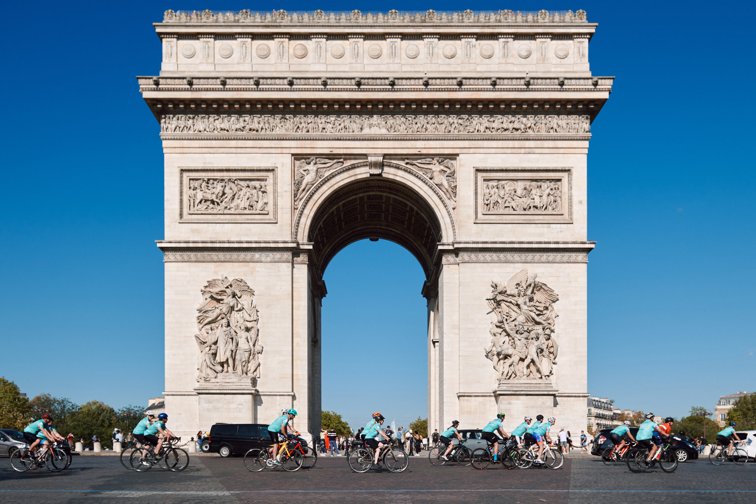 Cyclists cycling around the Arc de Triomphe London to Paris cycling holiday with Europe's most trusted cycling holiday company 'European Cycling Tours' was easily the best short break cycling holiday in Europe. The trip is open to all cyclists from individuals, couples and small groups and takes you 3 days to ride through the south of England into Normandy before entering the capital Paris - absolutely fantastic!