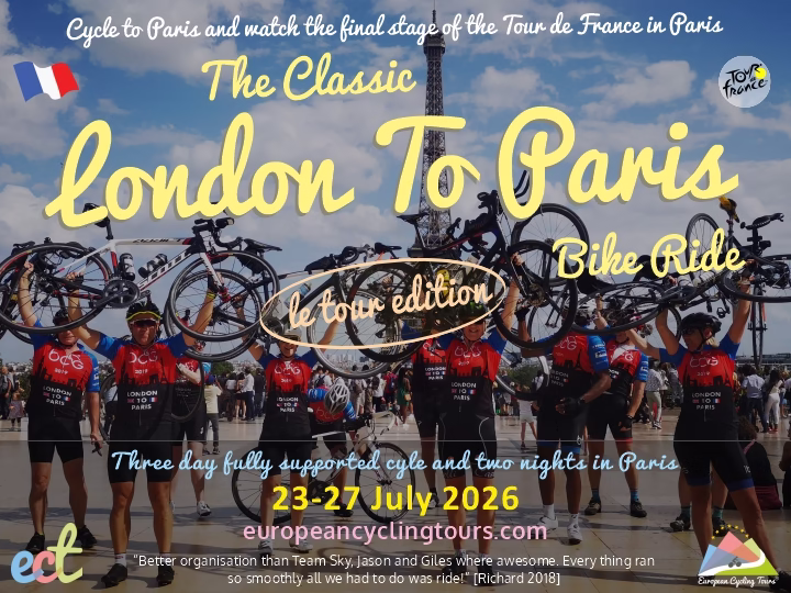 cyclists enjoying the final stage of the TdF on the champs elysees after cycling London to Paris on the organized London to Paris bike ride with cycling holiday organizer, European Cycling Tours