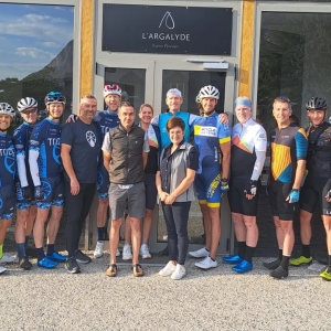 Group of cyclists outside l'Argalyde residence in the beautiful Pyrenees while on organised cycling holiday with company European Cycling Tours