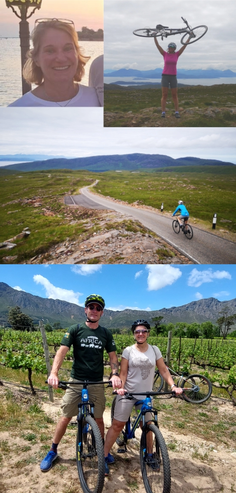 Alt text clare director of european cycling tours smiling in cycling gear with a montage of scenic routes and professional cycle support services for uk based riders