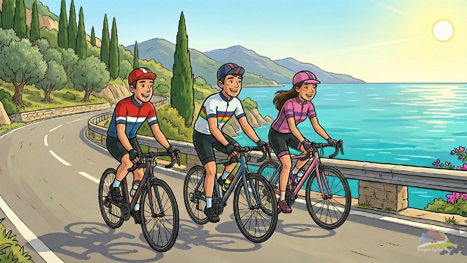 A colourful illustration of happy people cycling along a sun drenched mediterranean coast road read our expert guide on the best ways to fly to europe with your road bike