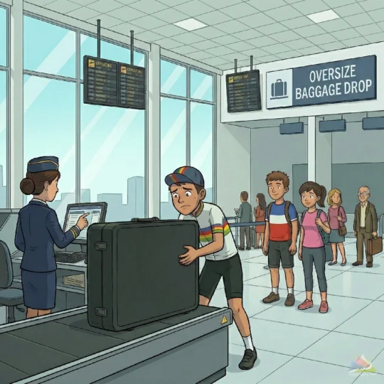 A cartoon illustration of a cyclist handing over a bike flight case at airport check in learn how to safely transport your road bike for your next european cycling holiday