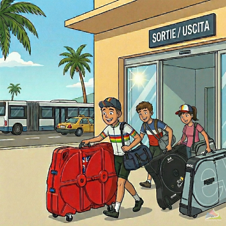 An illustration of happy cyclists exiting an airport terminal with their bike boxes read our ultimate guide to flying into europe with your road bike for a stress free arrival