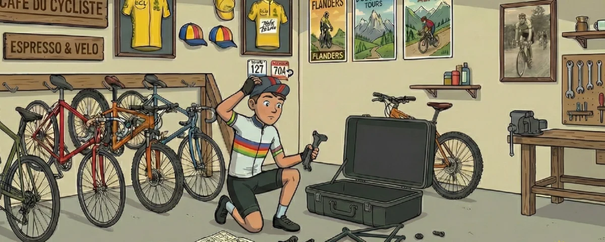 An illustration of a cyclist packing a road bike into a travel case in a garage before a trip to europe read our comprehensive guide for expert tips on flying with your bicycle