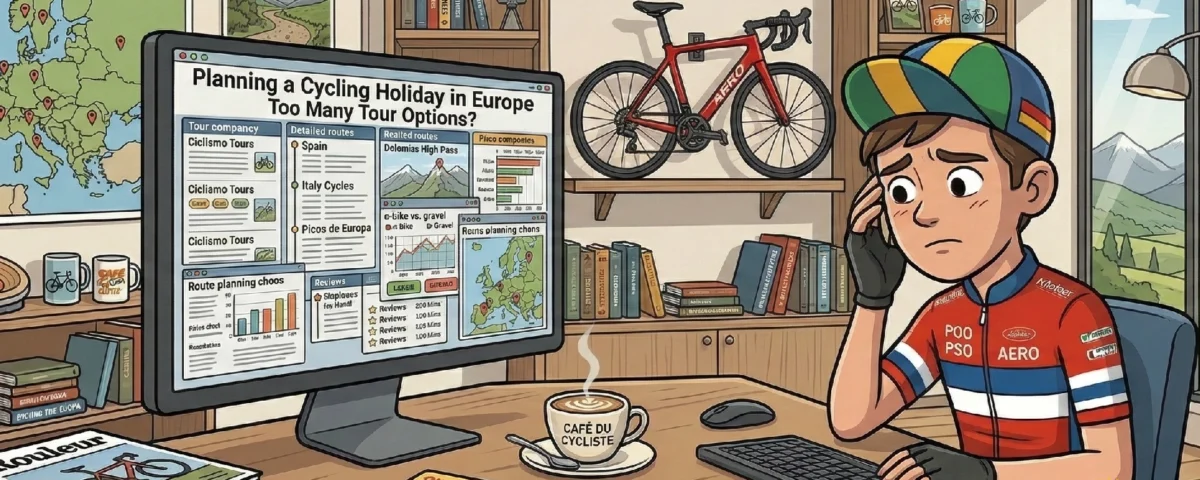 Cyclist planning a guided cycling holiday in france across the alps provence and pyrenees comparing organised road cycling tour routes and destinations to choose the perfect european cycling adventure