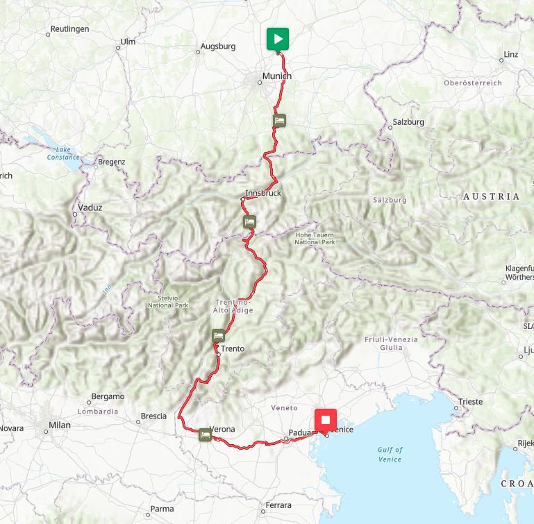 The munich to venice route across central europe highlighting diverse alpine terrain for an organised road cycling tour inspiring confident anticipation while visualising the journey view our complete trans alpine itinerary